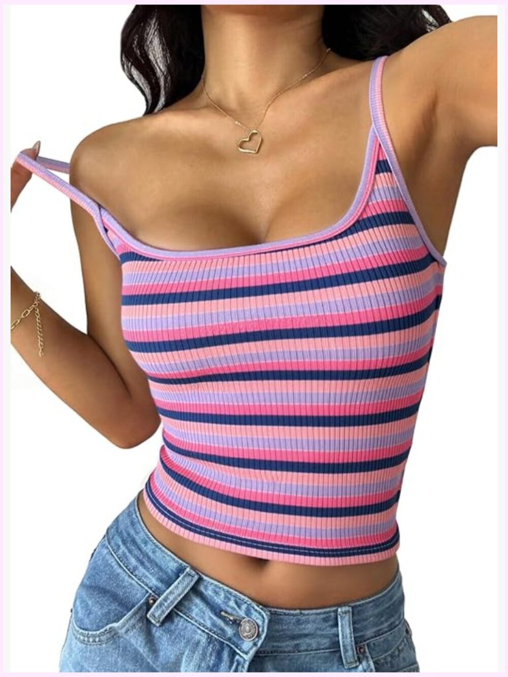 Sleeveless Crop Tank Top Striped Knit Adjustable Spaghetti Strap Camisole